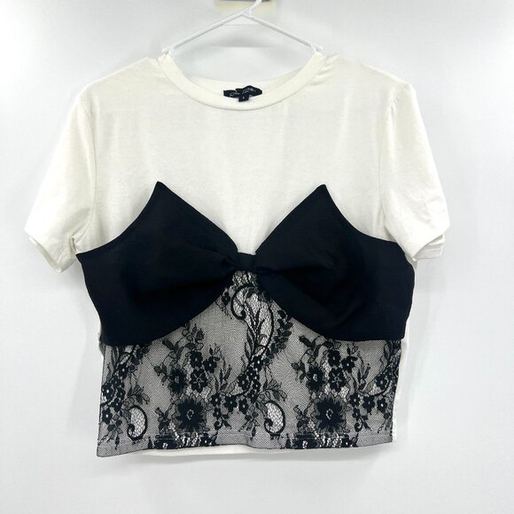 On 12th Tops - On 12th Black White Lace Front T-Shirt Women's Large